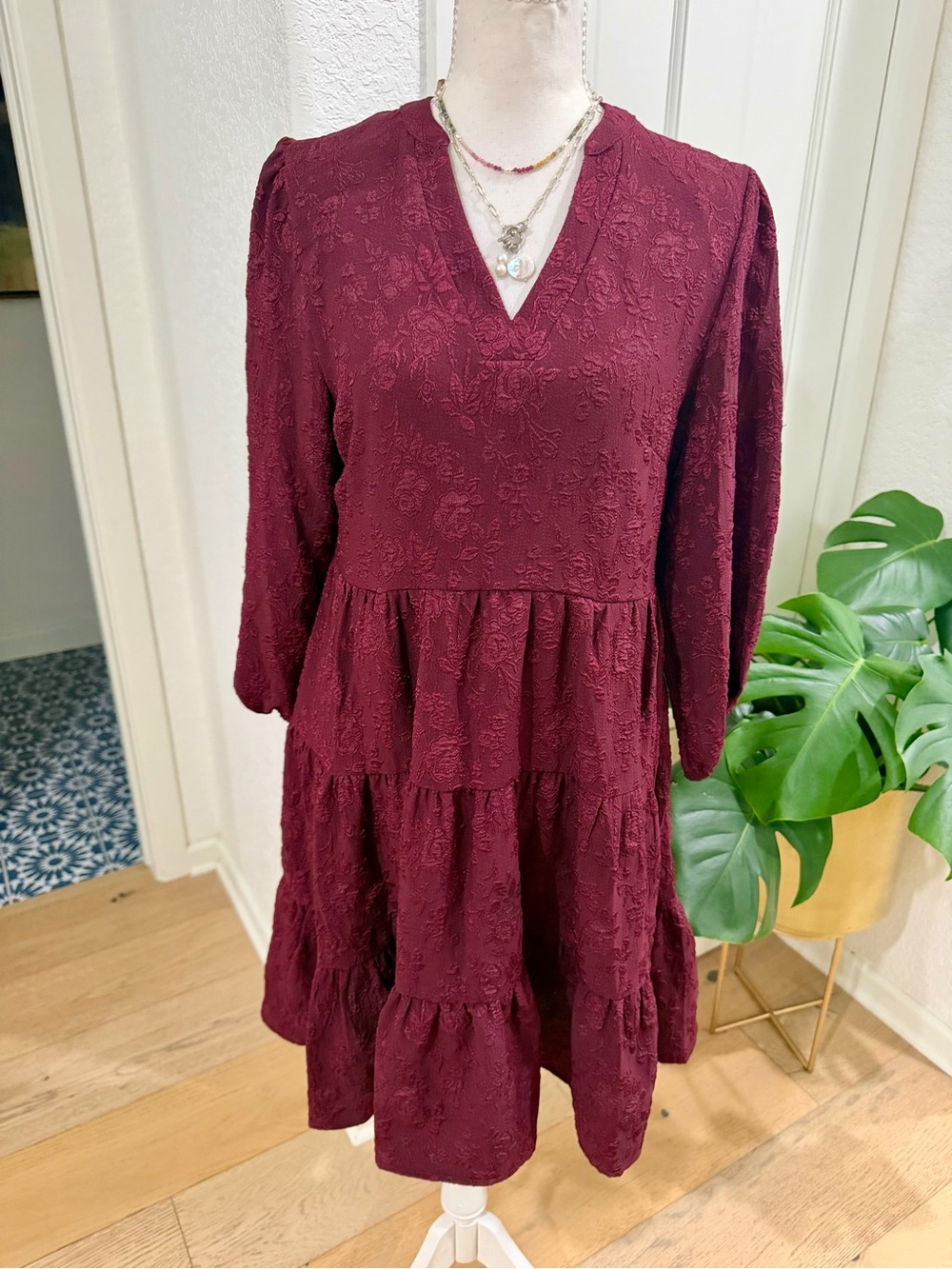 Joie Burgundy Tiered V-Neck Long Sleeve Babydoll Dress Small Autumn Dress